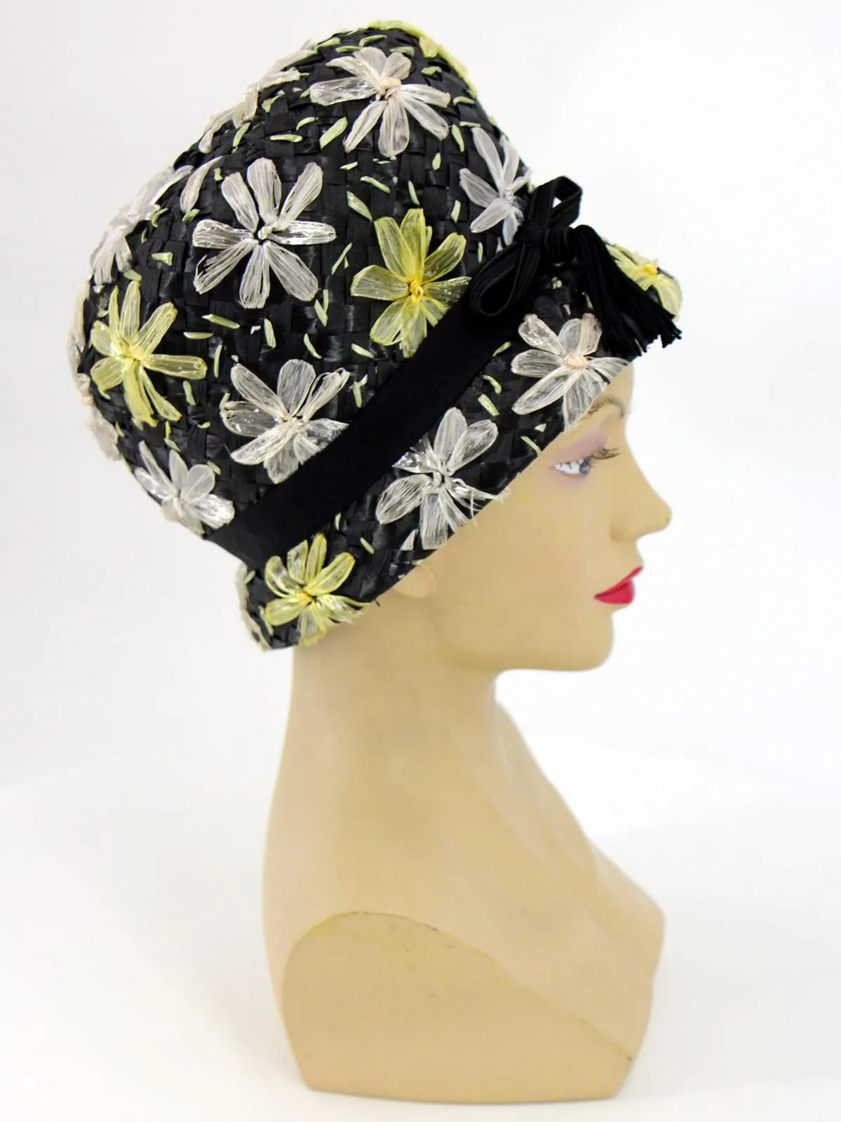 1960s Vintage Black Woven Floral Bucket Hat