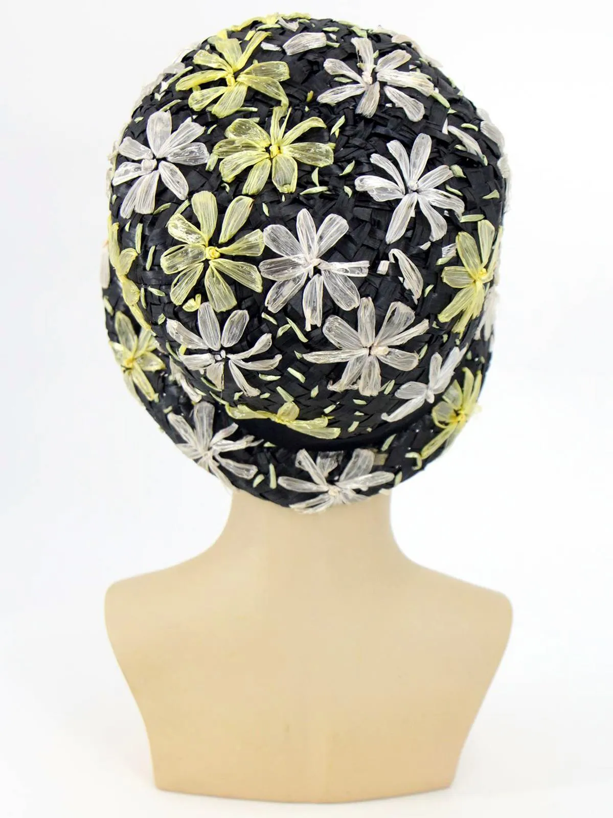 1960s Vintage Black Woven Floral Bucket Hat