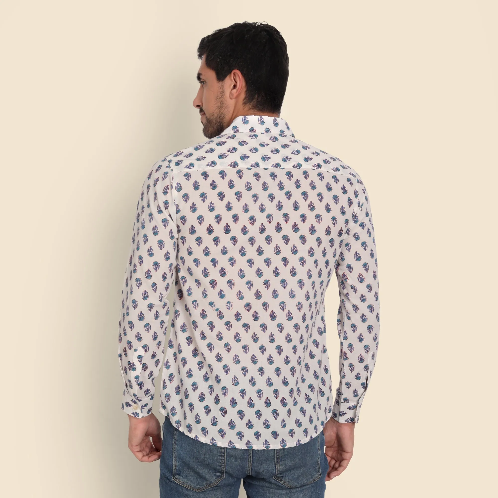 Aditya White Hand Block Printed Shirt for Men