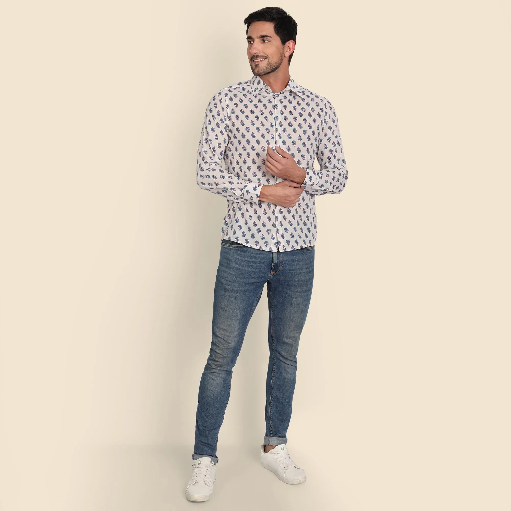 Aditya White Hand Block Printed Shirt for Men