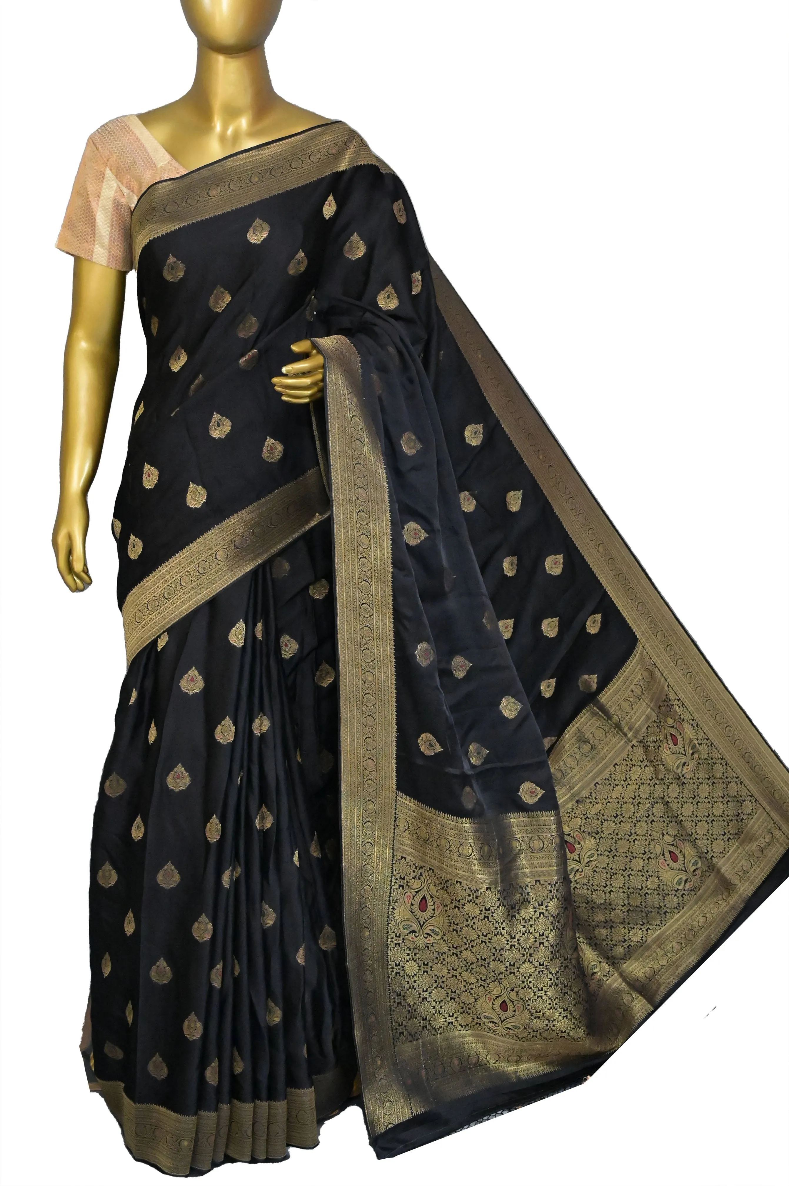 Black Color Mashru Banarasi Saree with Meenakari Buta Work