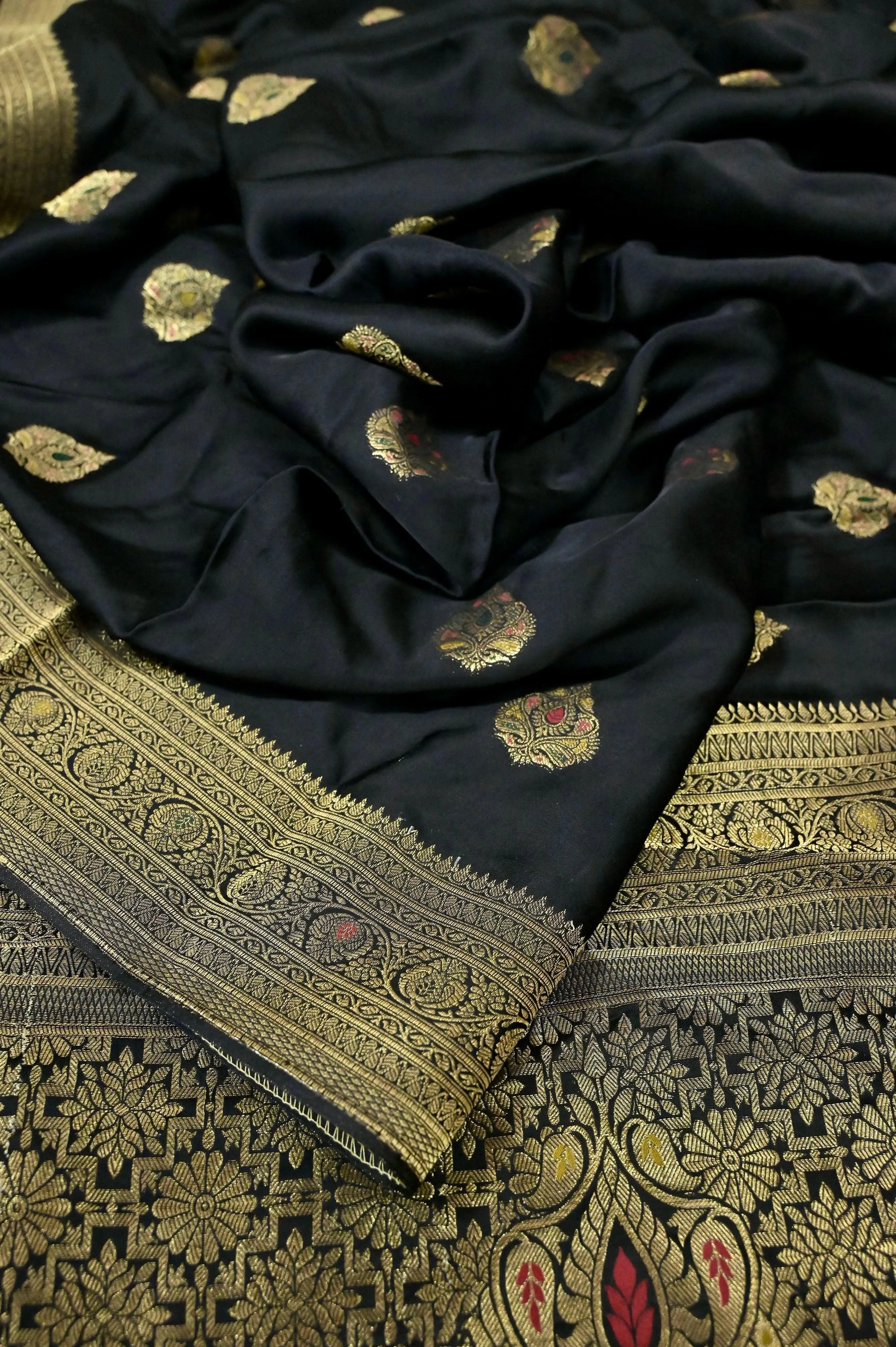 Black Color Mashru Banarasi Saree with Meenakari Buta Work