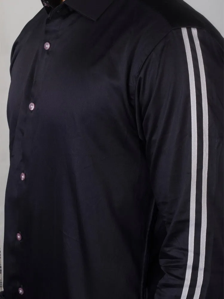 Black Formal Shirt - Solid Giza Cotton Striped-Sleeve Shirt