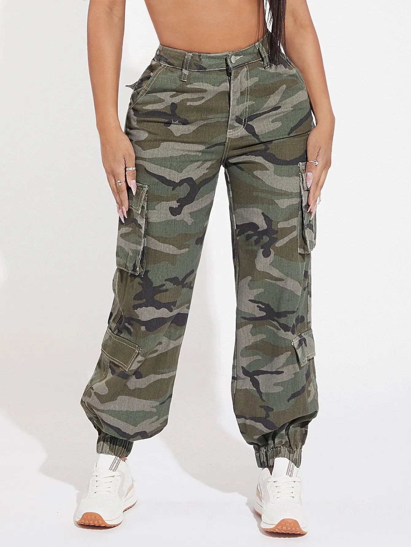 Camo Print Flap Pocket Cargo Jeans