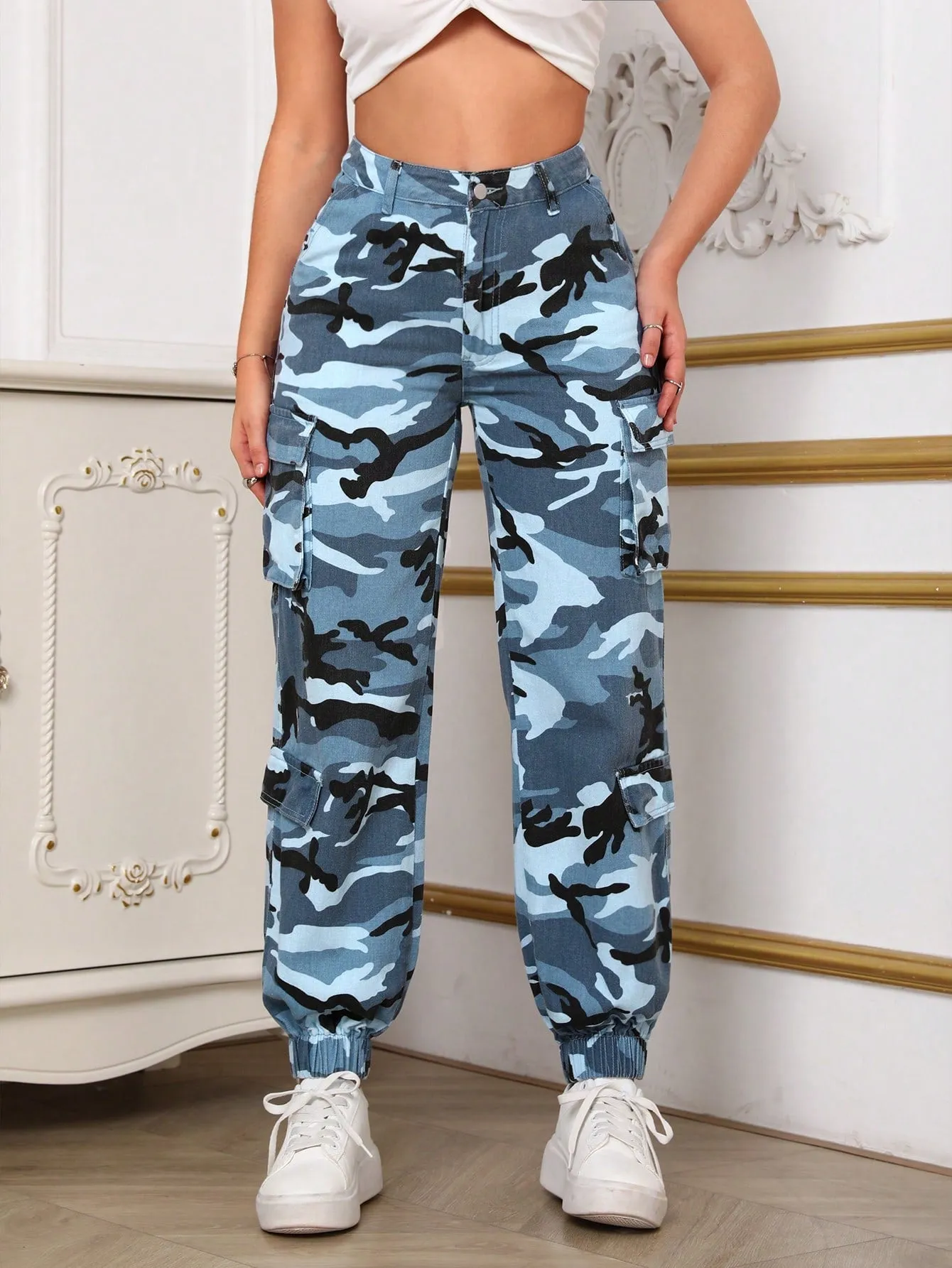 Camo Print Flap Pocket Cargo Jeans