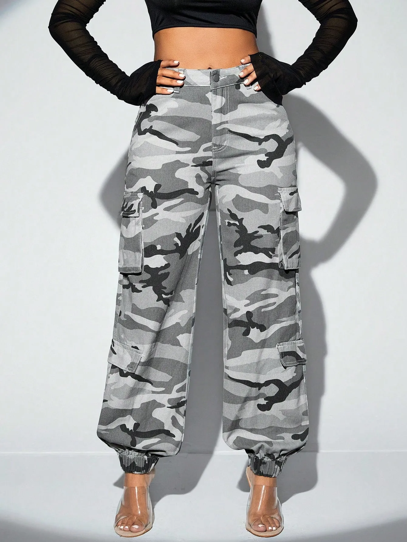 Camo Print Flap Pocket Cargo Jeans