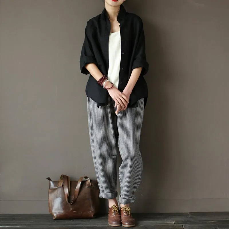 Cotton Linen Casual Loose Striped Pants