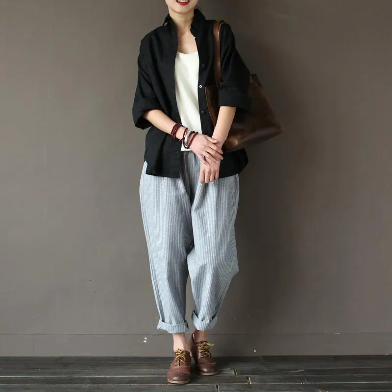 Cotton Linen Casual Loose Striped Pants