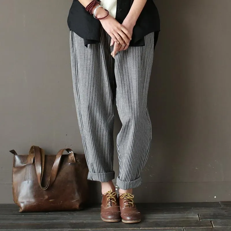 Cotton Linen Casual Loose Striped Pants