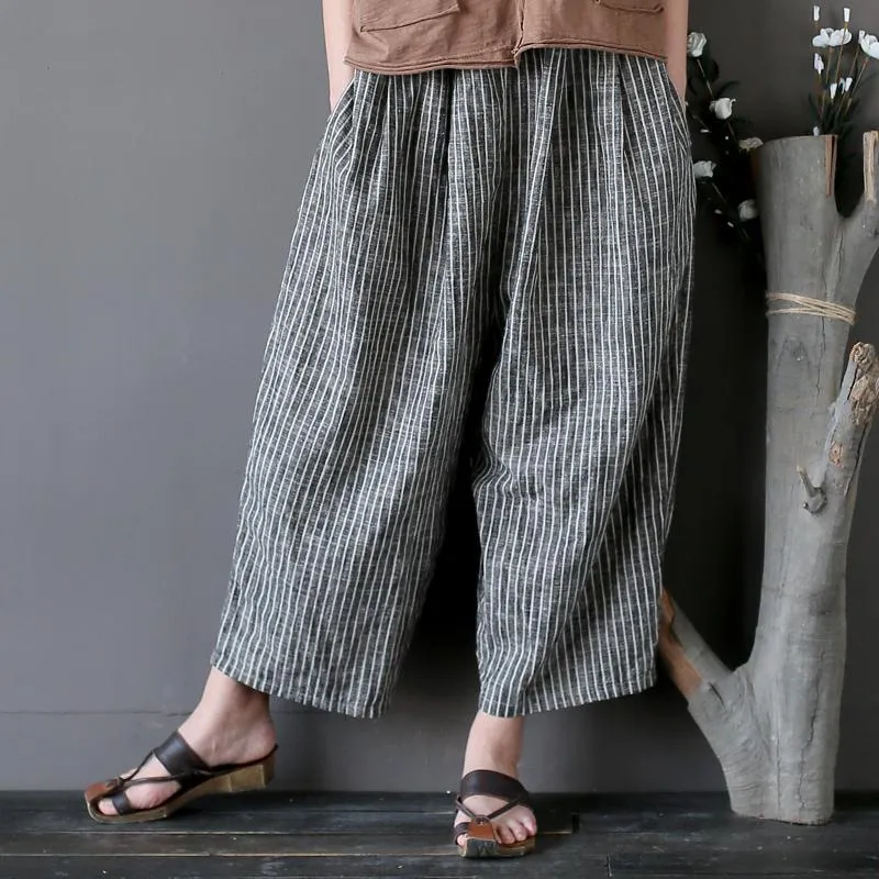 Cotton Linen Casual Striped Wide Leg Pants