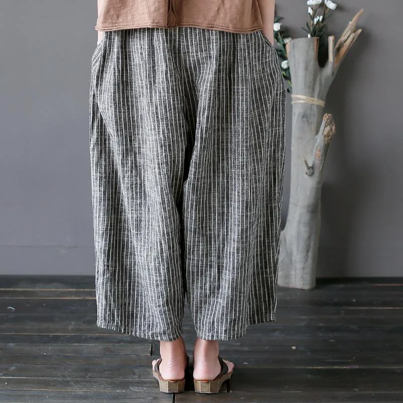 Cotton Linen Casual Striped Wide Leg Pants