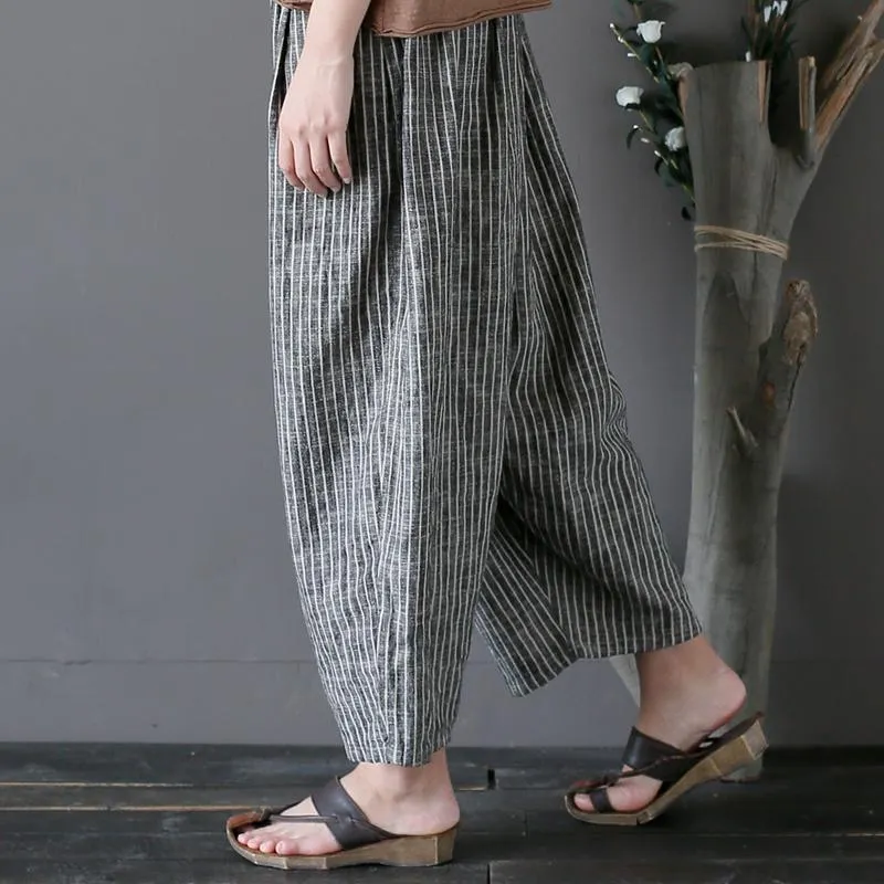 Cotton Linen Casual Striped Wide Leg Pants