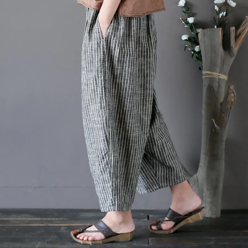 Cotton Linen Casual Striped Wide Leg Pants