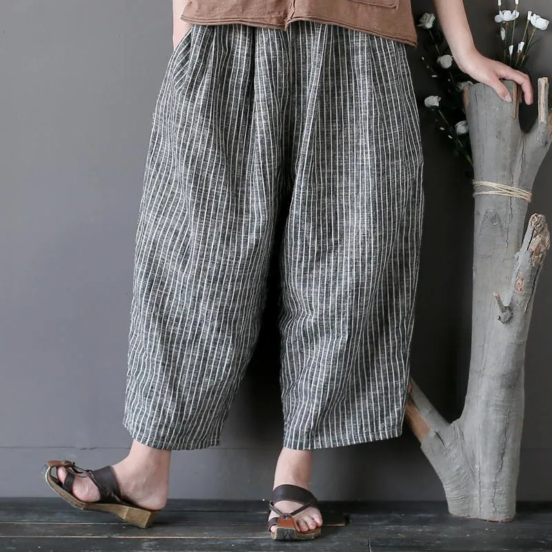 Cotton Linen Casual Striped Wide Leg Pants