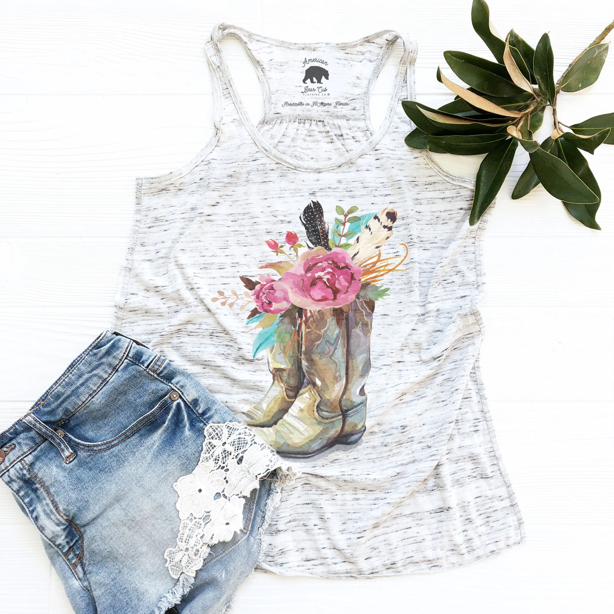 Country Boho Boots with Flowers & Feathers flowy racerback tank top