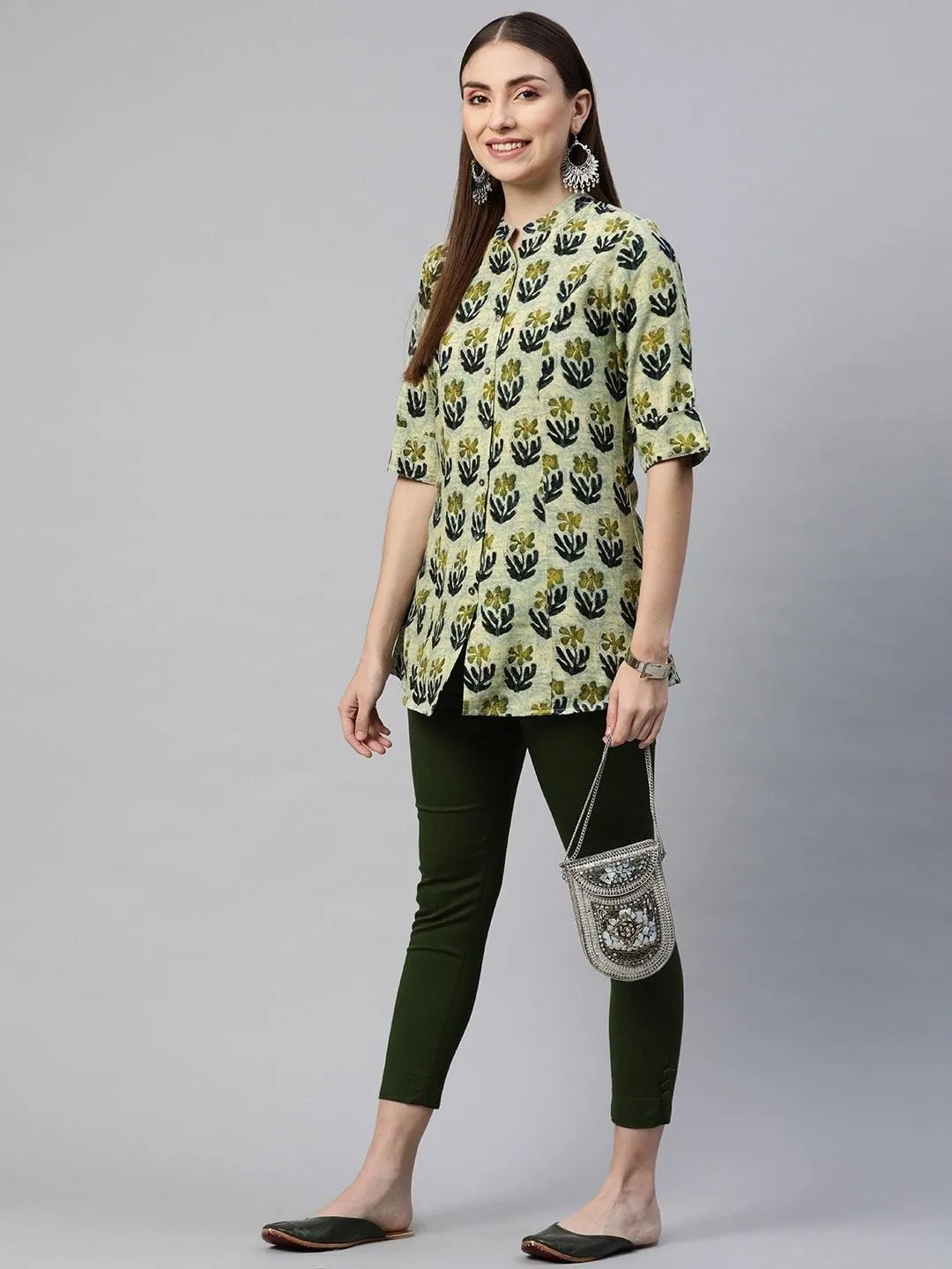 Divena Green Blue Floral Rayon A-line Shirt Style Top