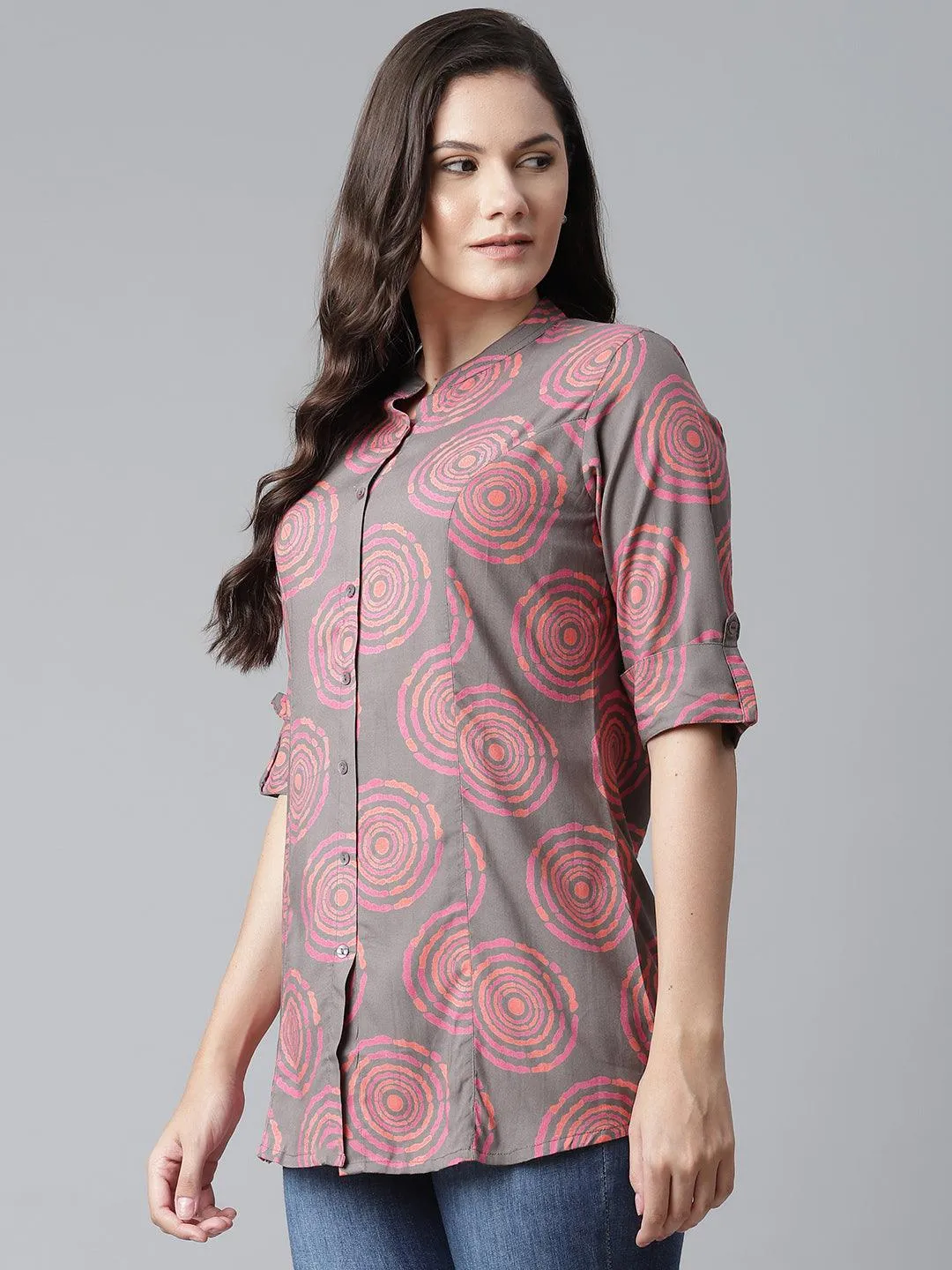 Divena Grey Spiral Rayon Print Top