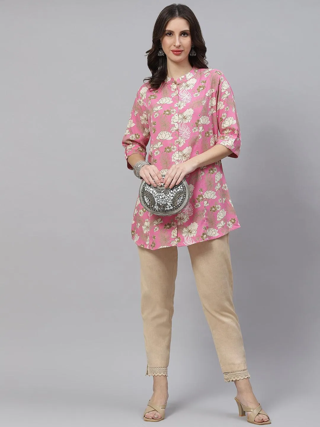 Divena Light Pink Floral Rayon A-line Top