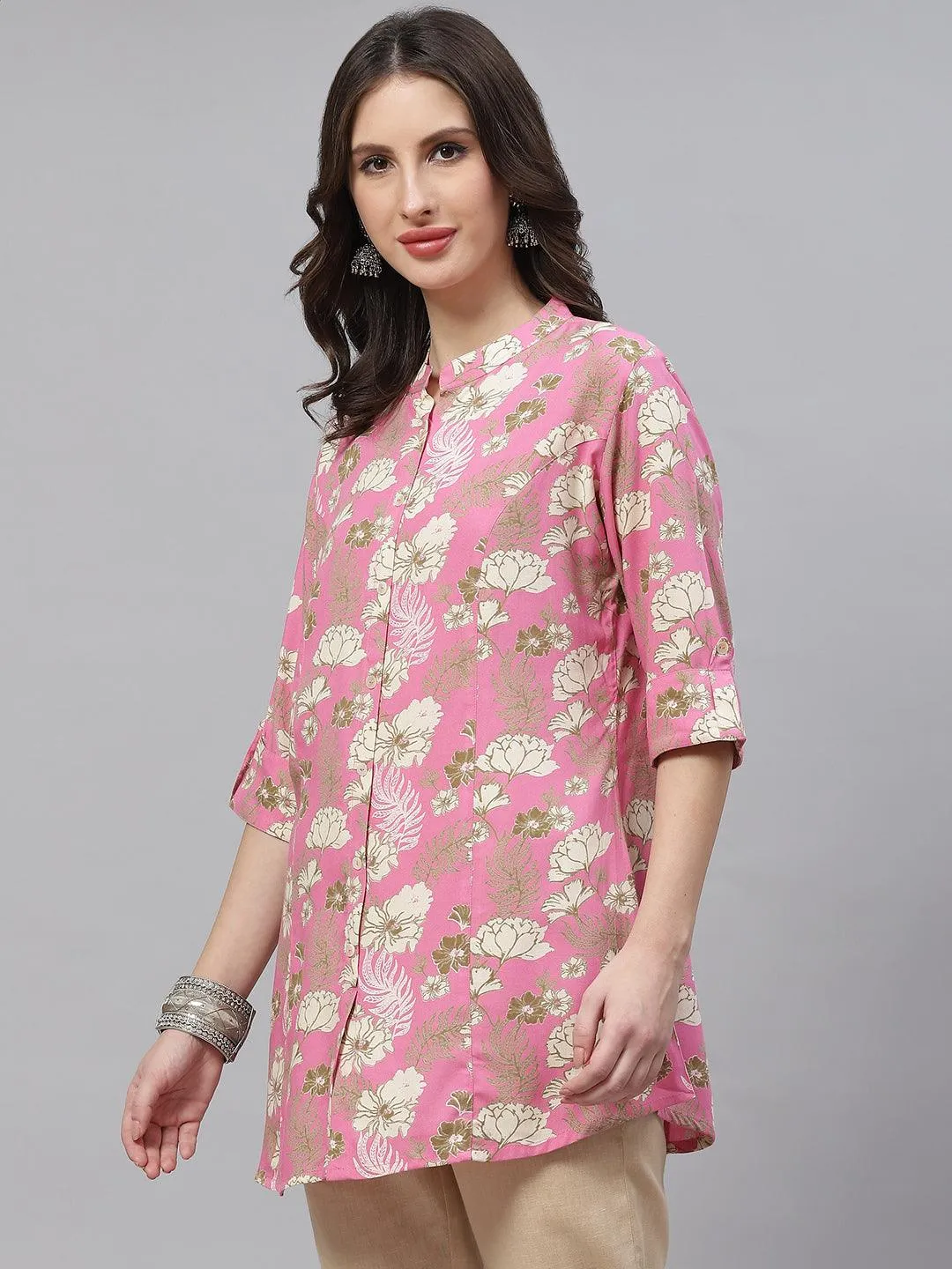 Divena Light Pink Floral Rayon A-line Top