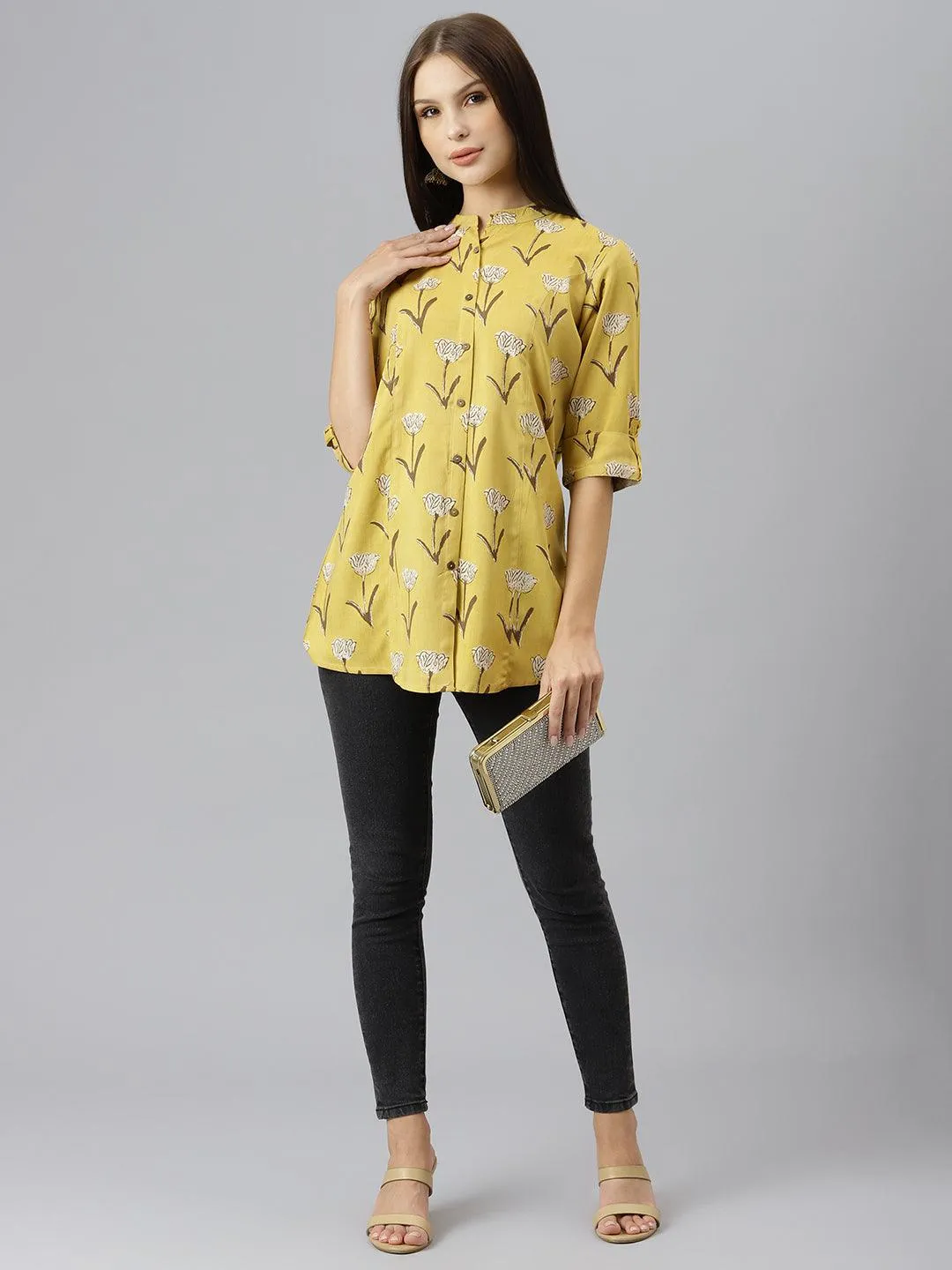 Divena Mustard Floral Rayon A-line Shirts Style Top