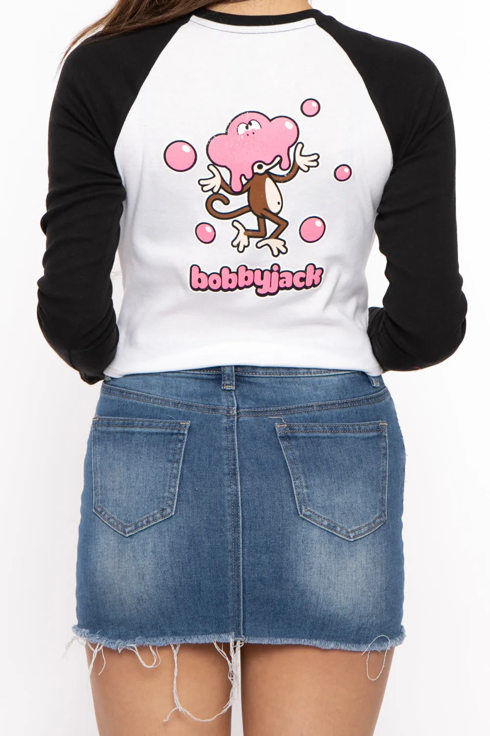 Don't Burst My Bubble - Bobby Jack Baseball Crop Top (Front   Back Print) -  Black/White