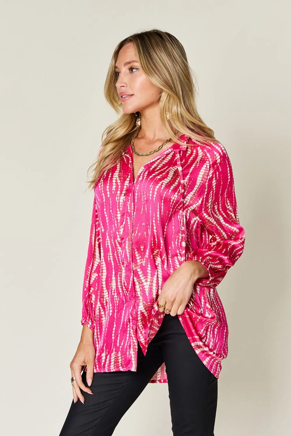 Double Take Full Size Printed Button Up Long Sleeve Shirt