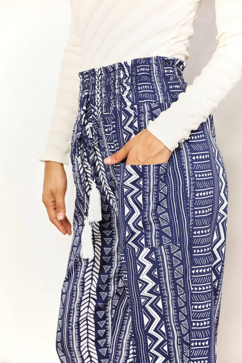 Double Take Geometric Print Tassel High-Rise Pants