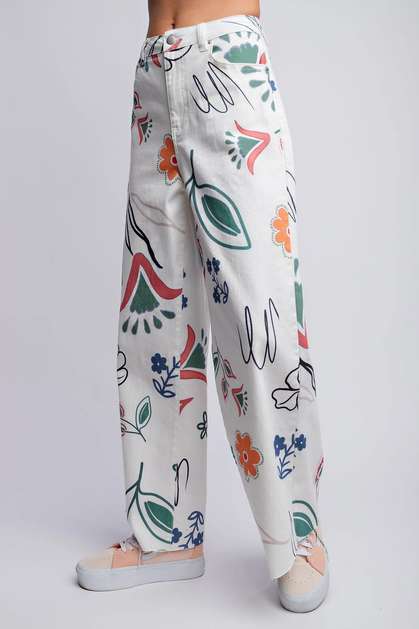 Chic Washed Twill Wide-Leg Pants with Stylish Easel Print