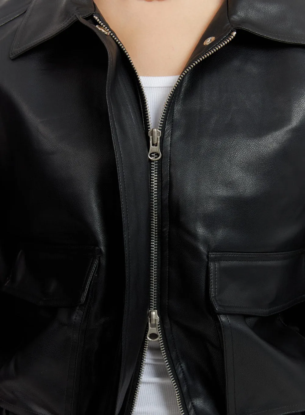 Faux Leather Collar Pocket Bomber Jacket IM414