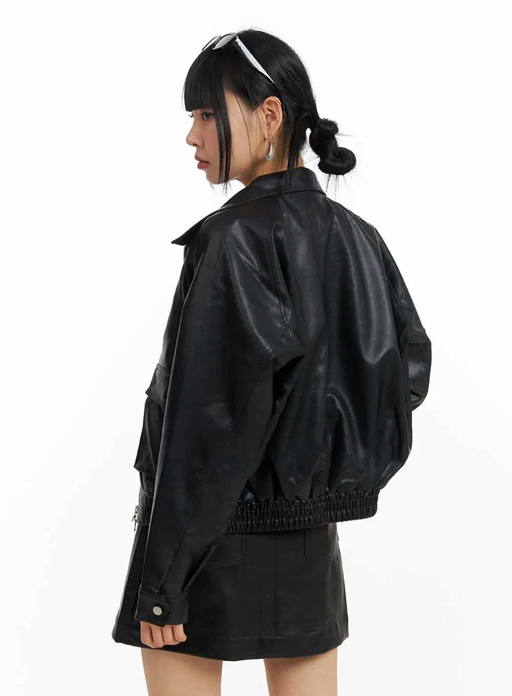 Faux Leather Collar Pocket Bomber Jacket IM414