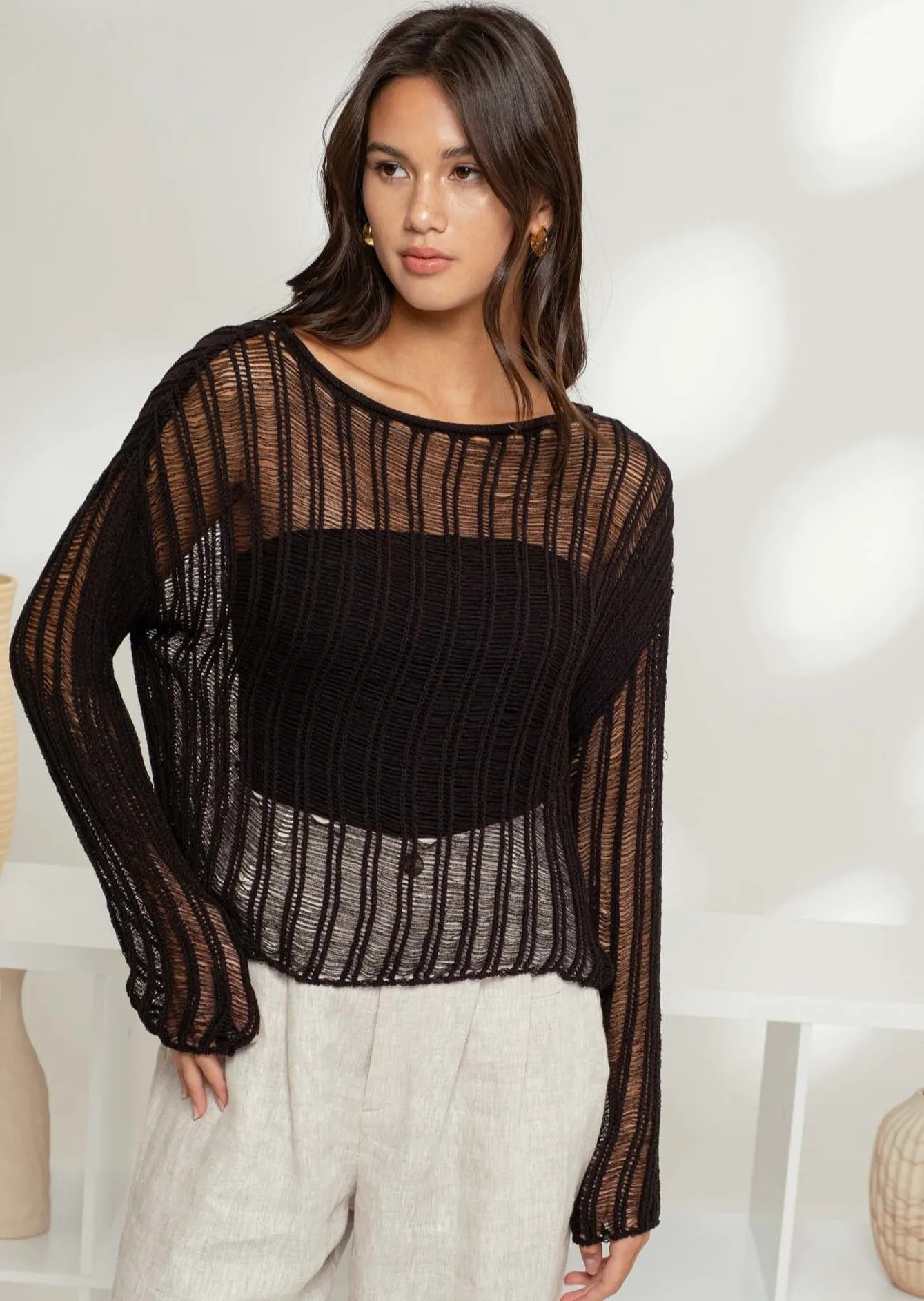 FINAL SALE - Olivia Open Knit Black Top