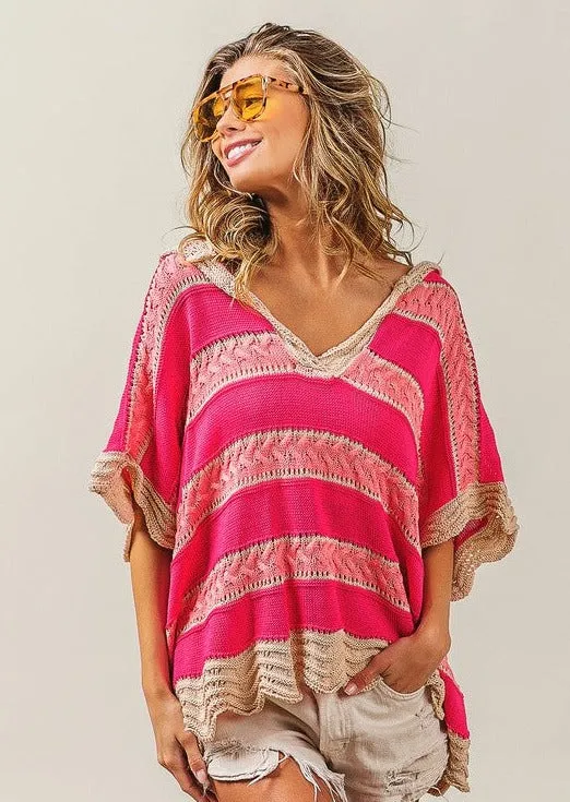 FINAL SALE - Pink & Taupe Boho Crochet Dolman Hoodie