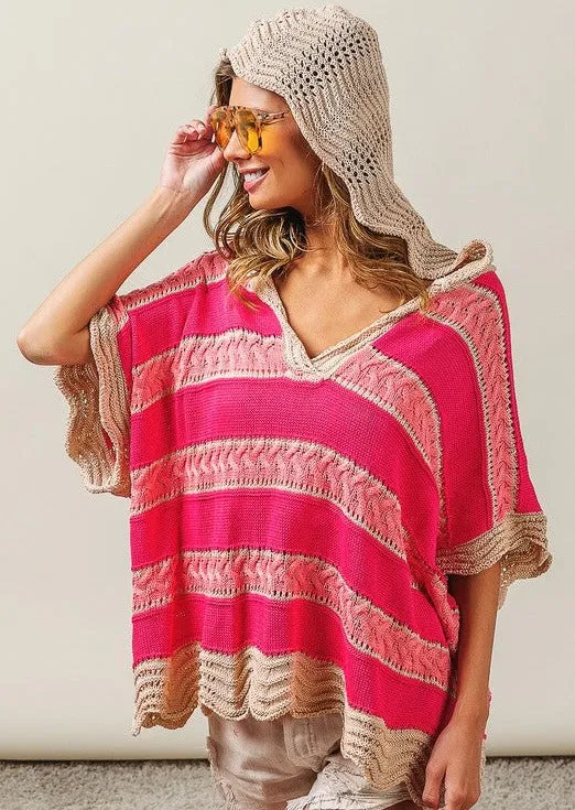 FINAL SALE - Pink & Taupe Boho Crochet Dolman Hoodie