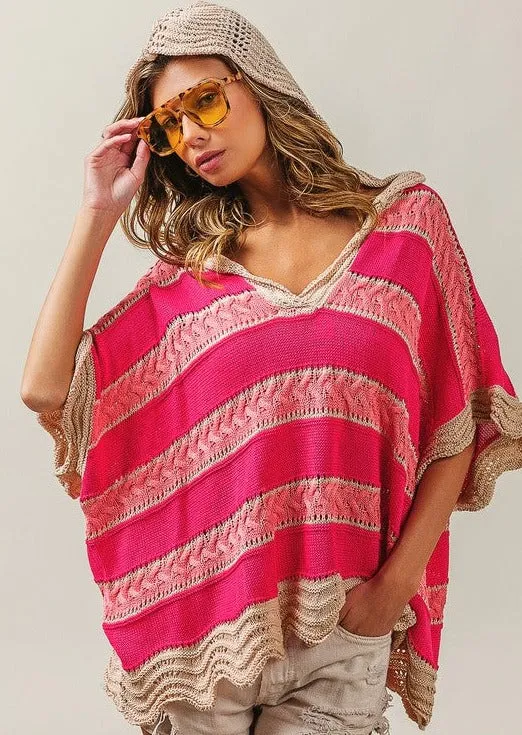 FINAL SALE - Pink & Taupe Boho Crochet Dolman Hoodie