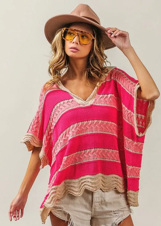 FINAL SALE - Pink & Taupe Boho Crochet Dolman Hoodie