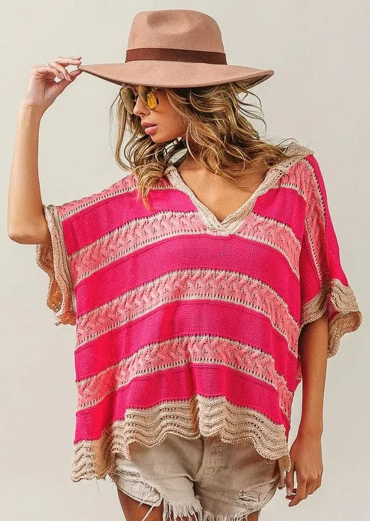 FINAL SALE - Pink & Taupe Boho Crochet Dolman Hoodie