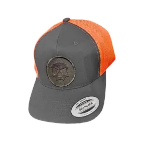 Flexfit Snapback Hat - Dark Grey / Orange Mesh (Black Skull Icon)