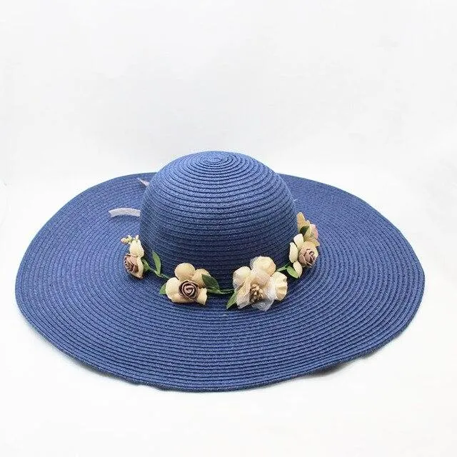 Floppy Wide Brim Sun Hat with Organza Flowers