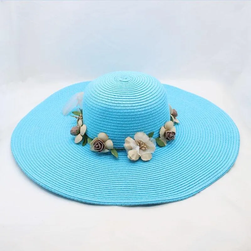 Floppy Wide Brim Sun Hat with Organza Flowers