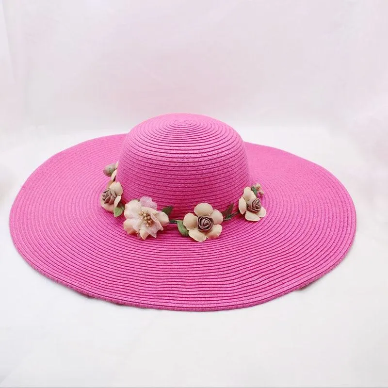 Floppy Wide Brim Sun Hat with Organza Flowers