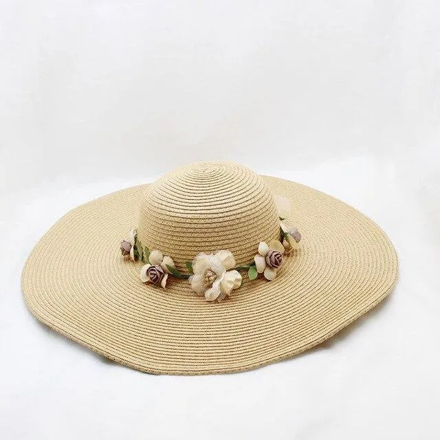 Floppy Wide Brim Sun Hat with Organza Flowers