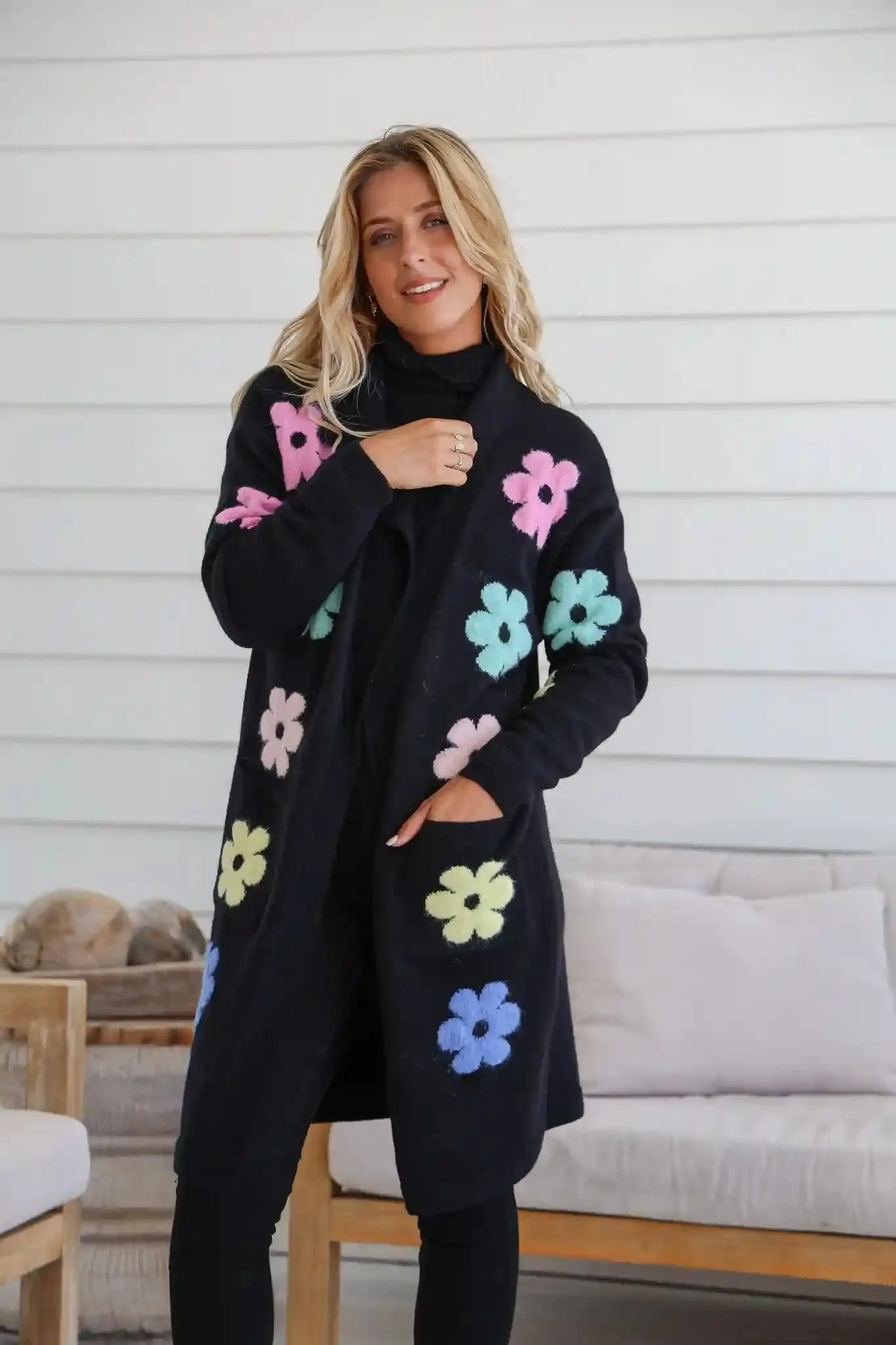 Flower Power Knit Cardigan - Black