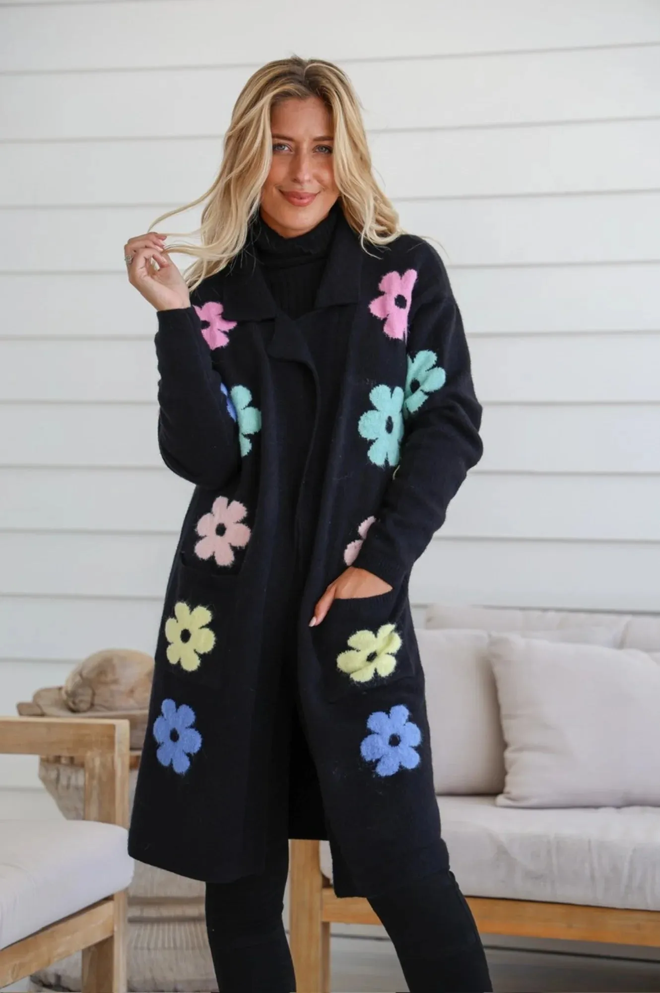 Flower Power Knit Cardigan - Black