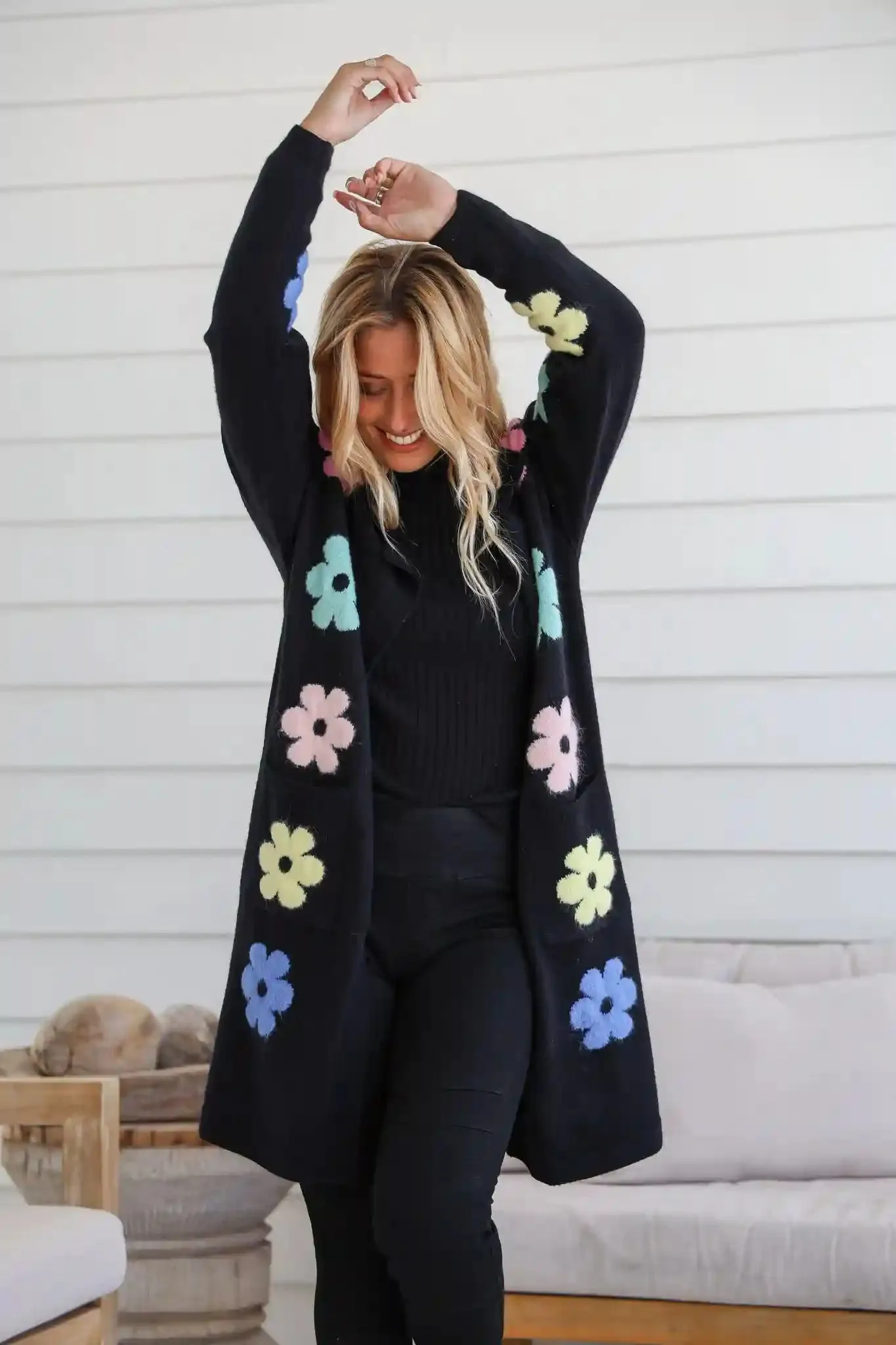 Flower Power Knit Cardigan - Black