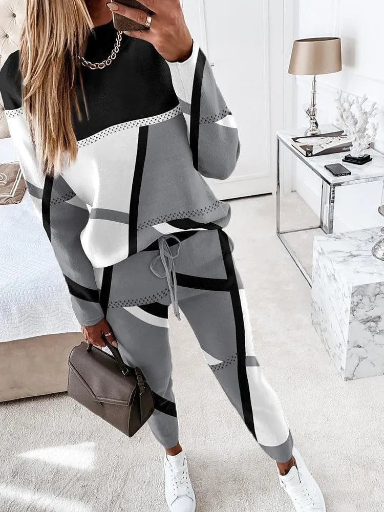 Geometric Color Block Women's Sweatshirt Tracksuit Pants Set