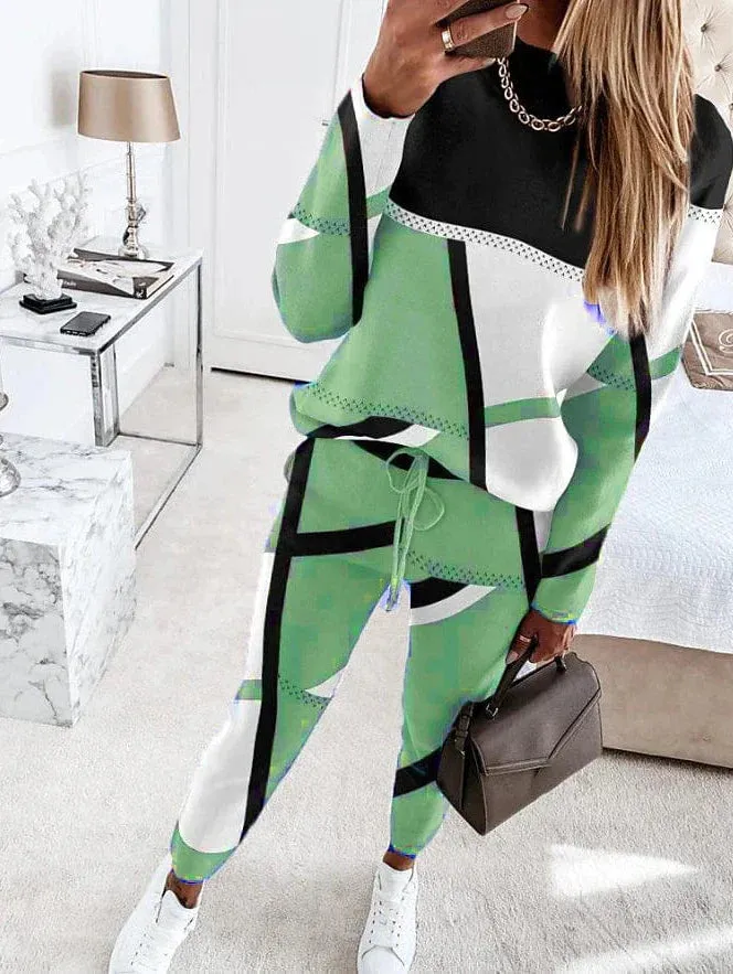 Geometric Color Block Women's Sweatshirt Tracksuit Pants Set