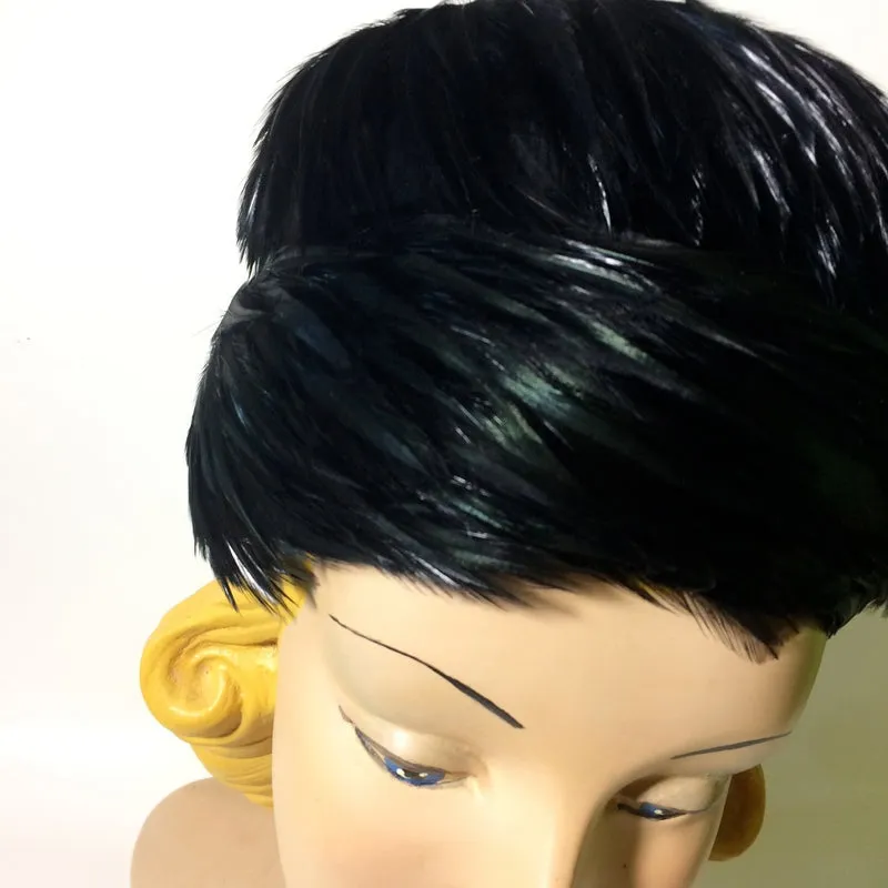 Glossy Black Swirled Feather Tiered Cocktail Hat circa 1960s