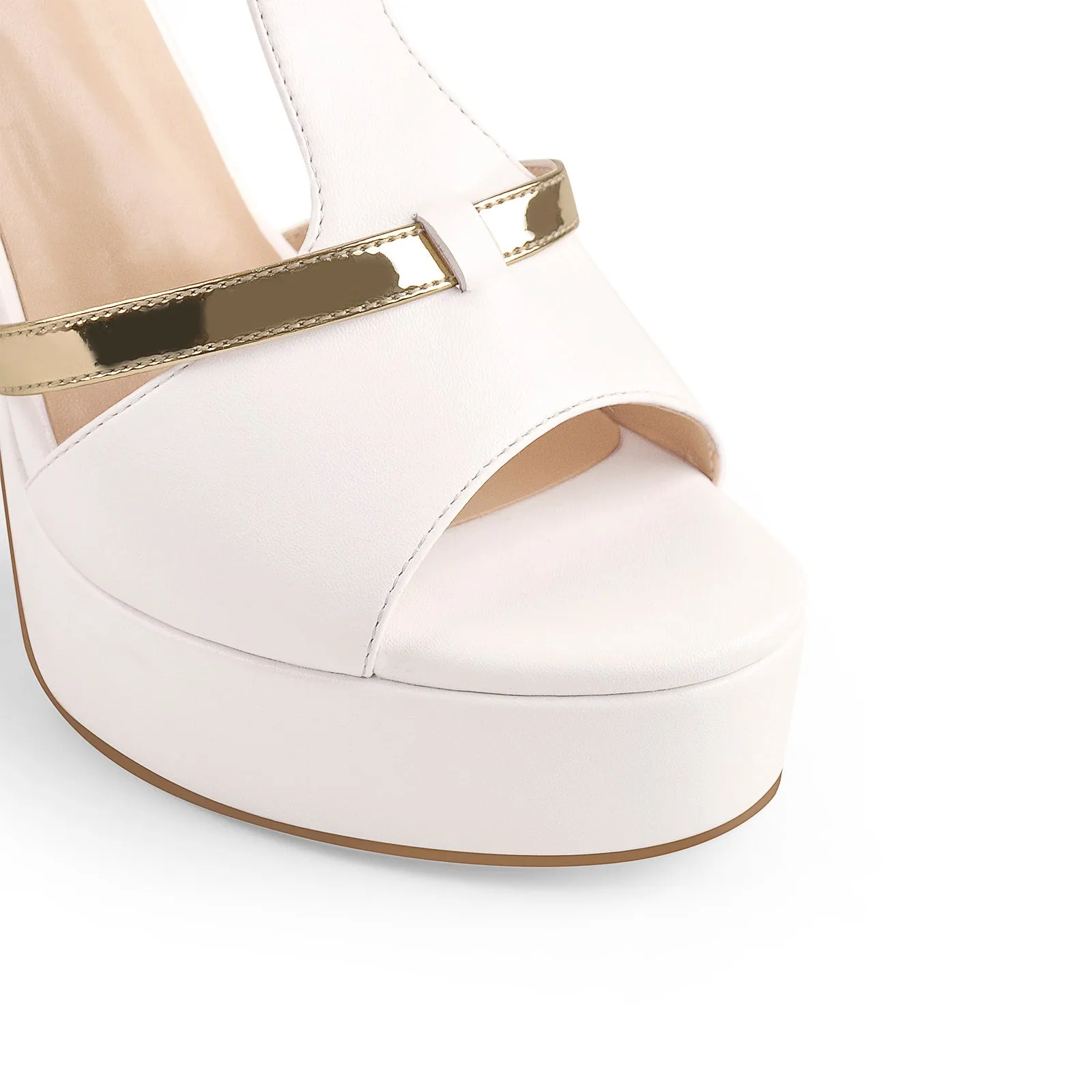 Gold T-Strap White Platform High Heel Pumps