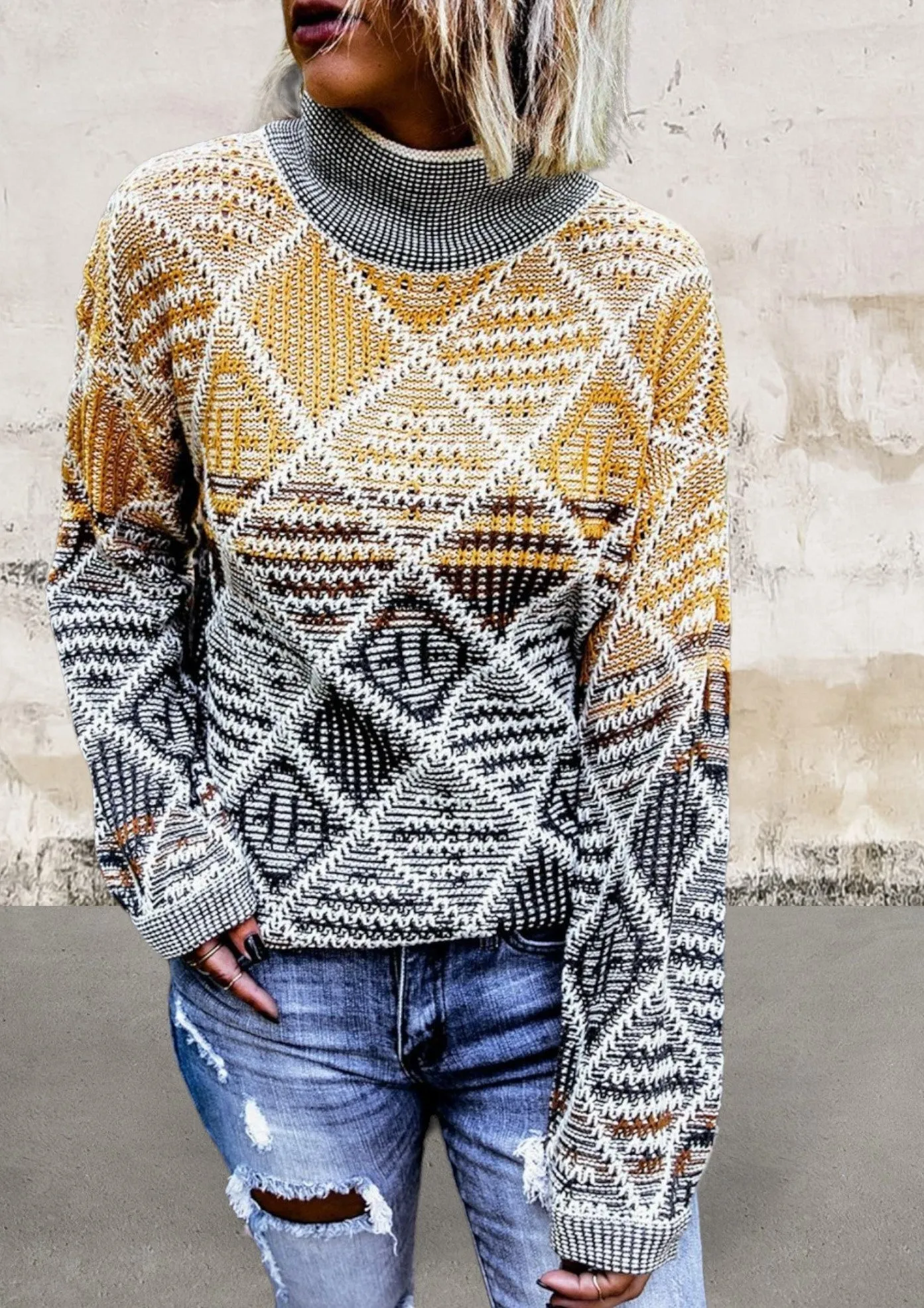 High Neck Geometric Colorblock Sweater