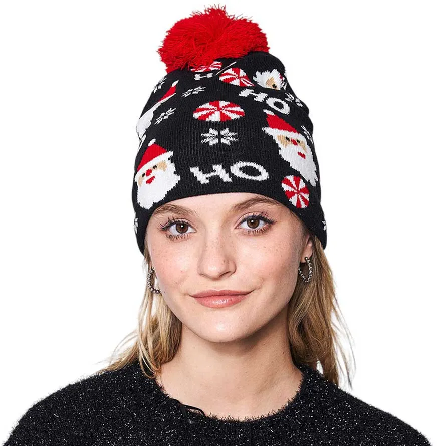 HoHoHo Message Santa Claus Candy Cane Pom Pom Beanie Hat